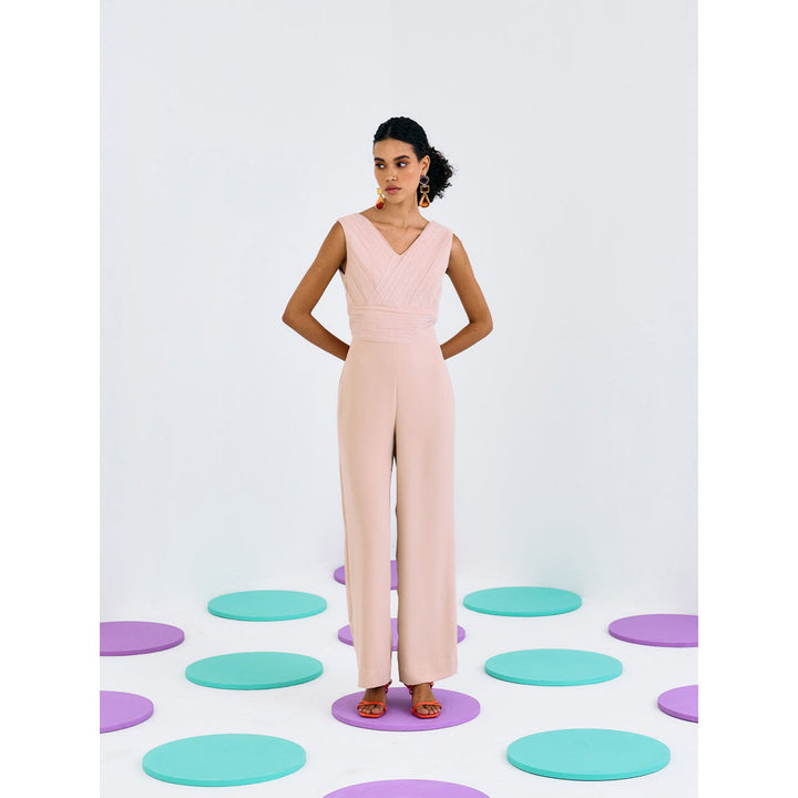 Pleats by Aruni Beige Pleated Softnet and Crepe Jumpsuit