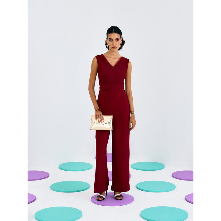 Pleats by Aruni Maroon Pleated Softnet and Crepe Jumpsuit