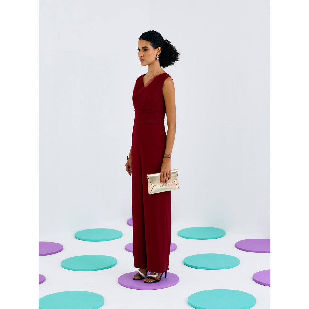 Pleats by Aruni Maroon Pleated Softnet and Crepe Jumpsuit