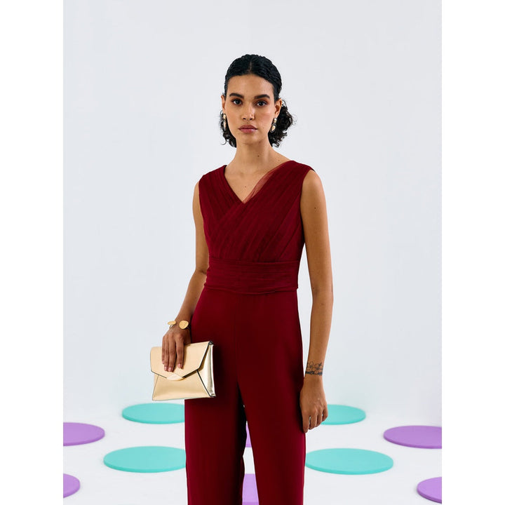 Pleats by Aruni Maroon Pleated Softnet and Crepe Jumpsuit