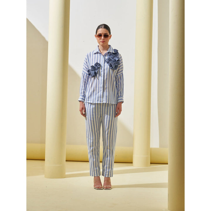 Pleats by Aruni Blue Stripe Flower Shirt and Pant Co-Ord (Set of 2)