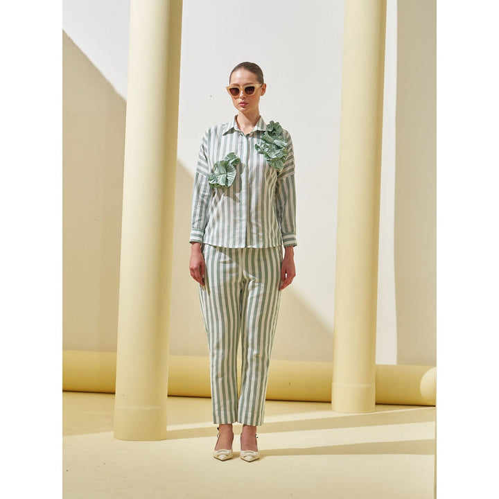 Pleats by Aruni Green Stripe Flower Shirt and Pant Co-Ord (Set of 2)