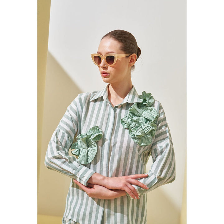 Pleats by Aruni Green Stripe Flower Shirt and Pant Co-Ord (Set of 2)