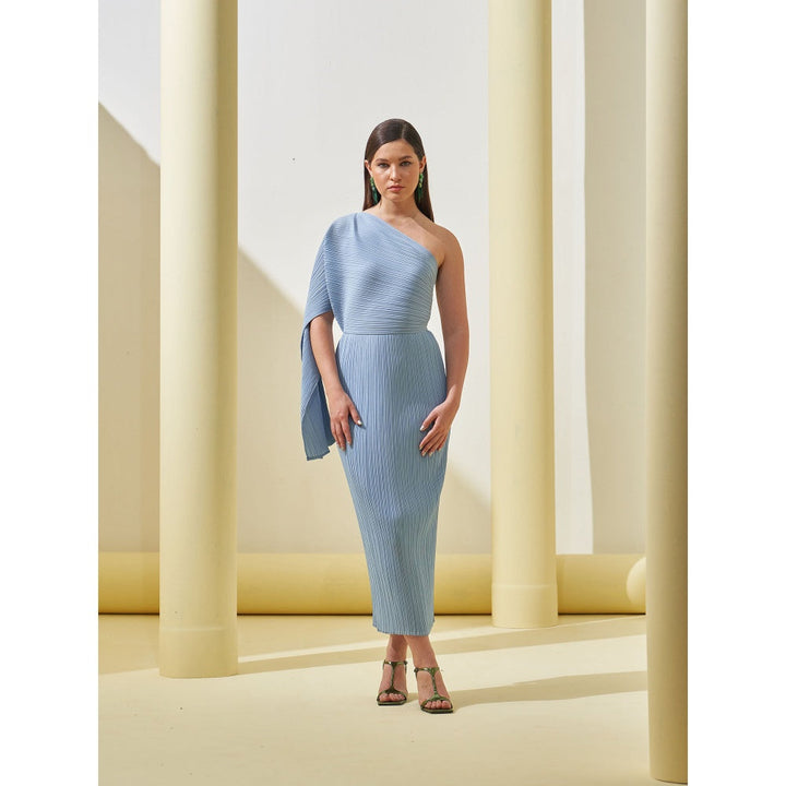 Pleats by Aruni Powder Blue One Shoulder Drape Dress with Inner (Set of 2)