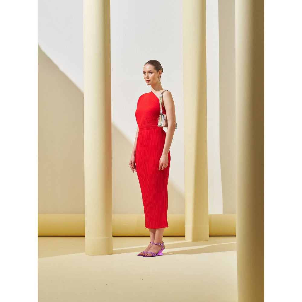 red one shoulder drape dress Theia Rayna One Shoulder Draped Gown