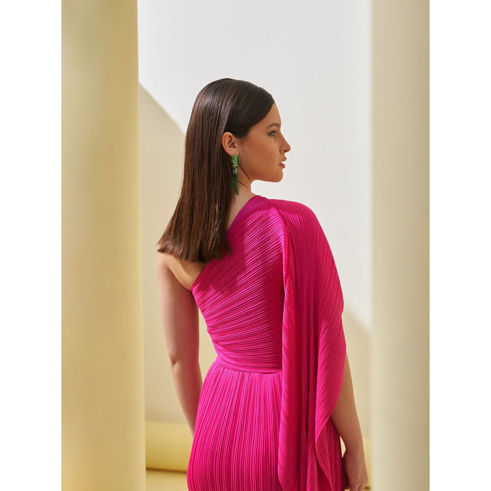 Pleats by Aruni Fuscia One Shoulder Drape Dress with Inner (Set of 2)