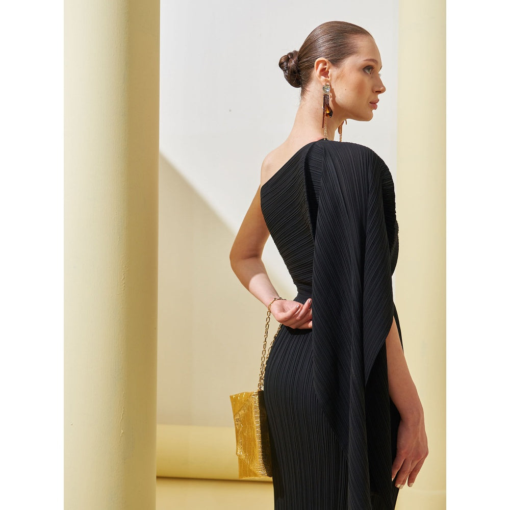 Pleats by Aruni Black One Shoulder Drape Dress with Inner (Set of 2)