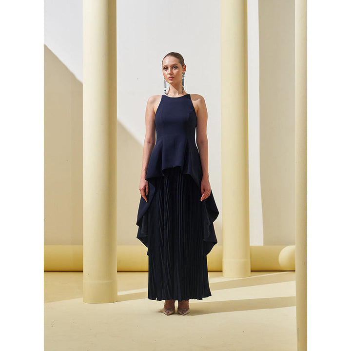 Pleats by Aruni Navy Blue Peplum Pleated Gown