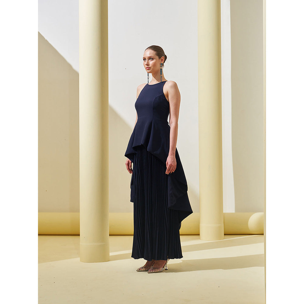 Pleats by Aruni Navy Blue Peplum Pleated Gown