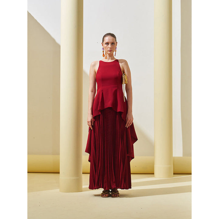 Pleats by Aruni Maroon Peplum Pleated Gown