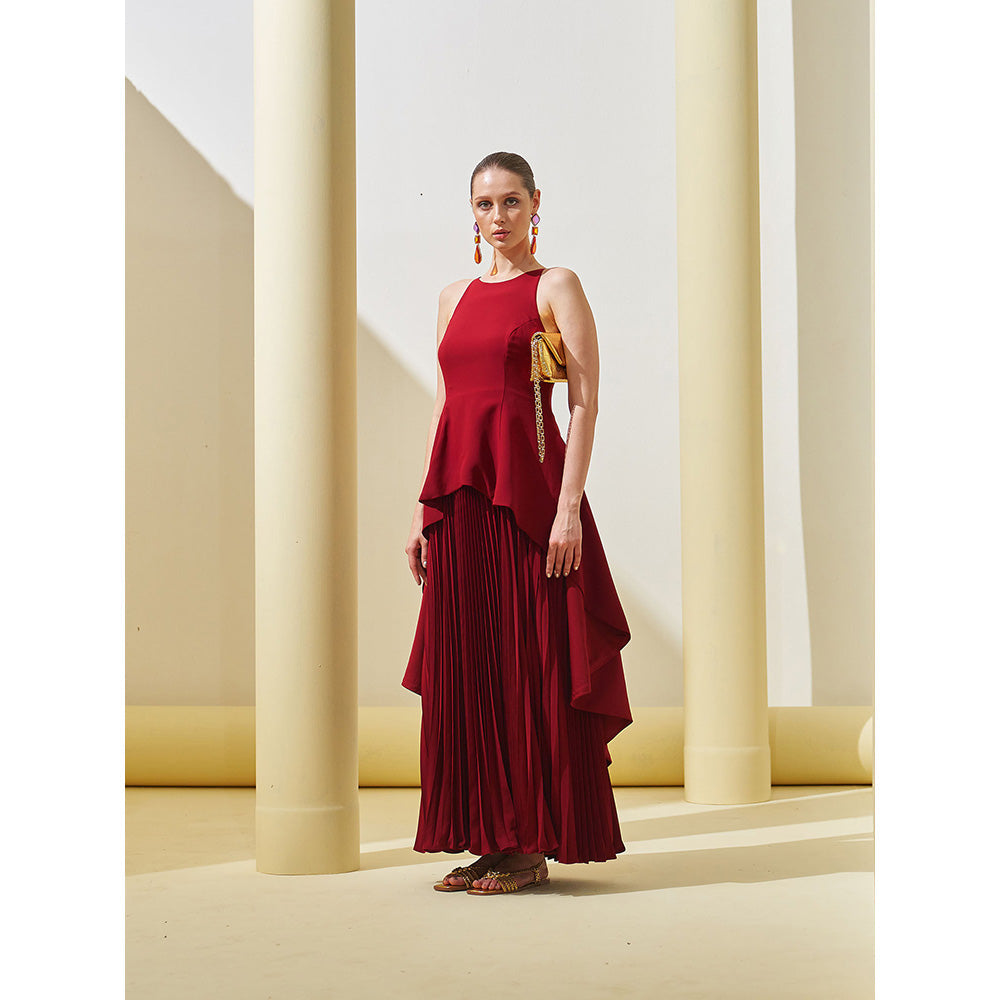 Pleats by Aruni Maroon Peplum Pleated Gown