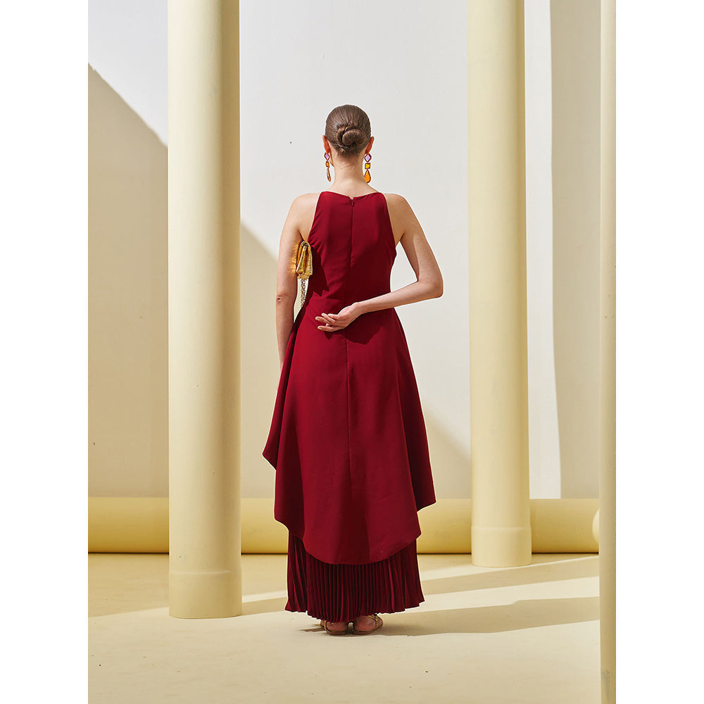 Pleats by Aruni Maroon Peplum Pleated Gown