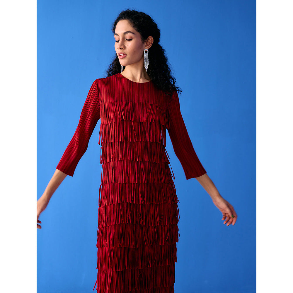 Pleats by Aruni Maroon Three Fourth Sleeves Fringe Dress