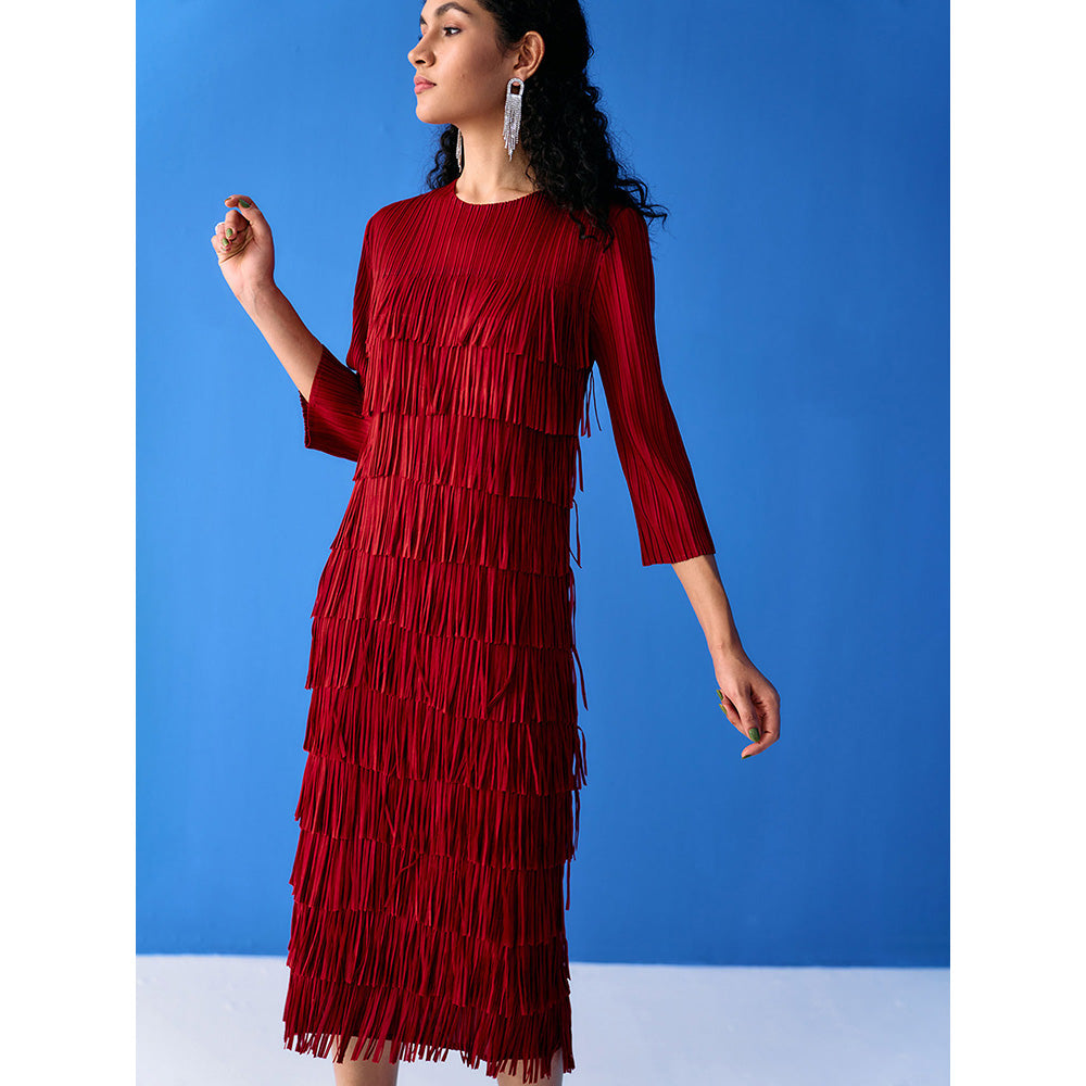 Pleats by Aruni Maroon Three Fourth Sleeves Fringe Dress