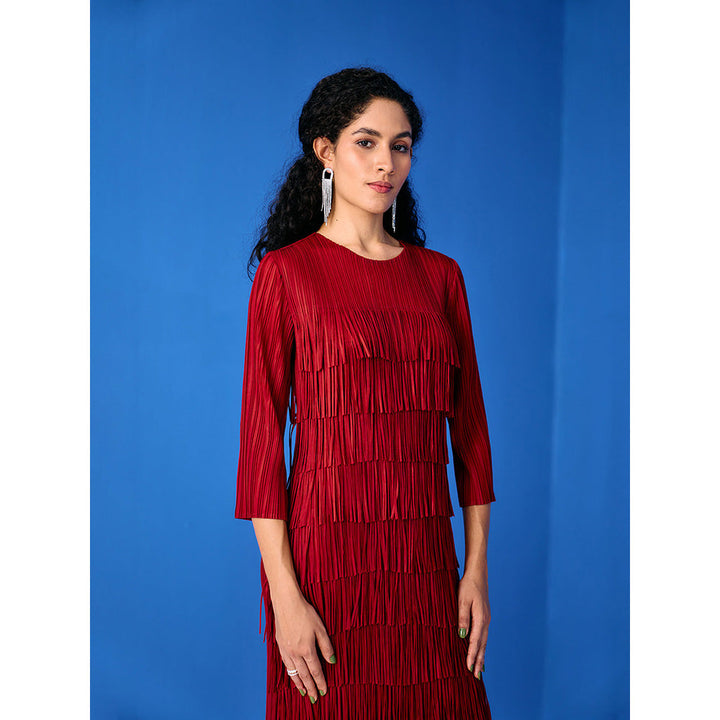 Pleats by Aruni Maroon Three Fourth Sleeves Fringe Dress