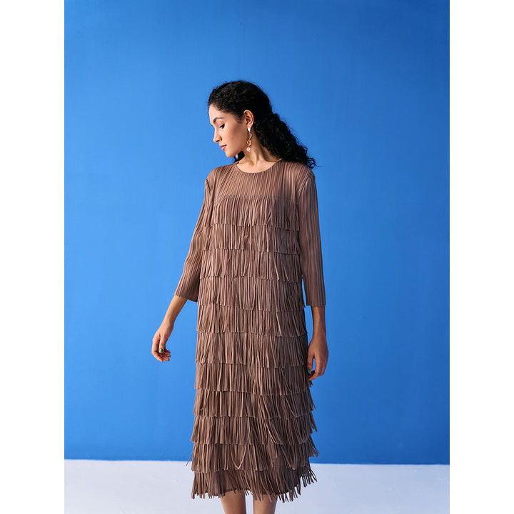 Pleats by Aruni Brown Three Fourth Sleeves Fringe Dress