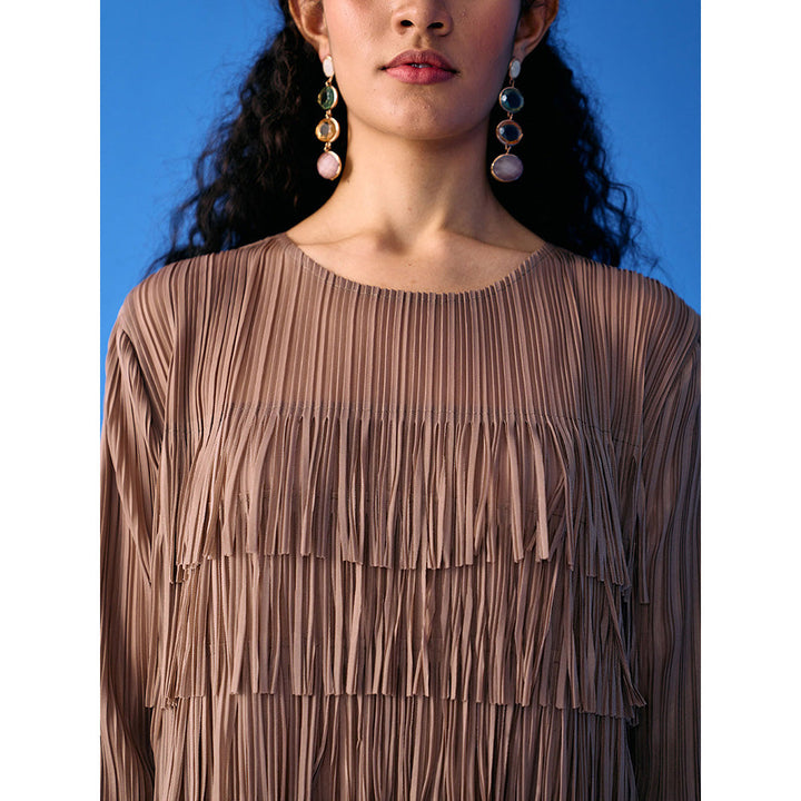 Pleats by Aruni Brown Three Fourth Sleeves Fringe Dress