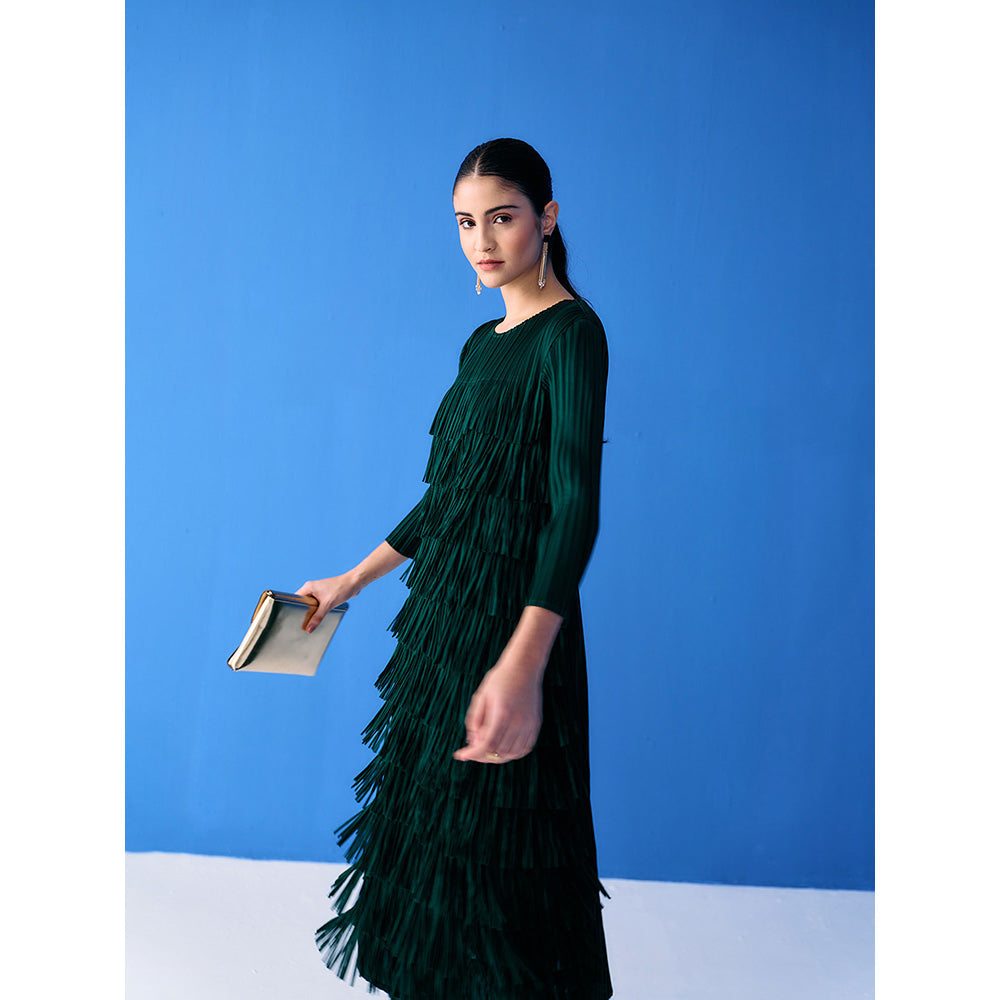 Pleats by Aruni Green Three Fourth Sleeves Fringe Dress