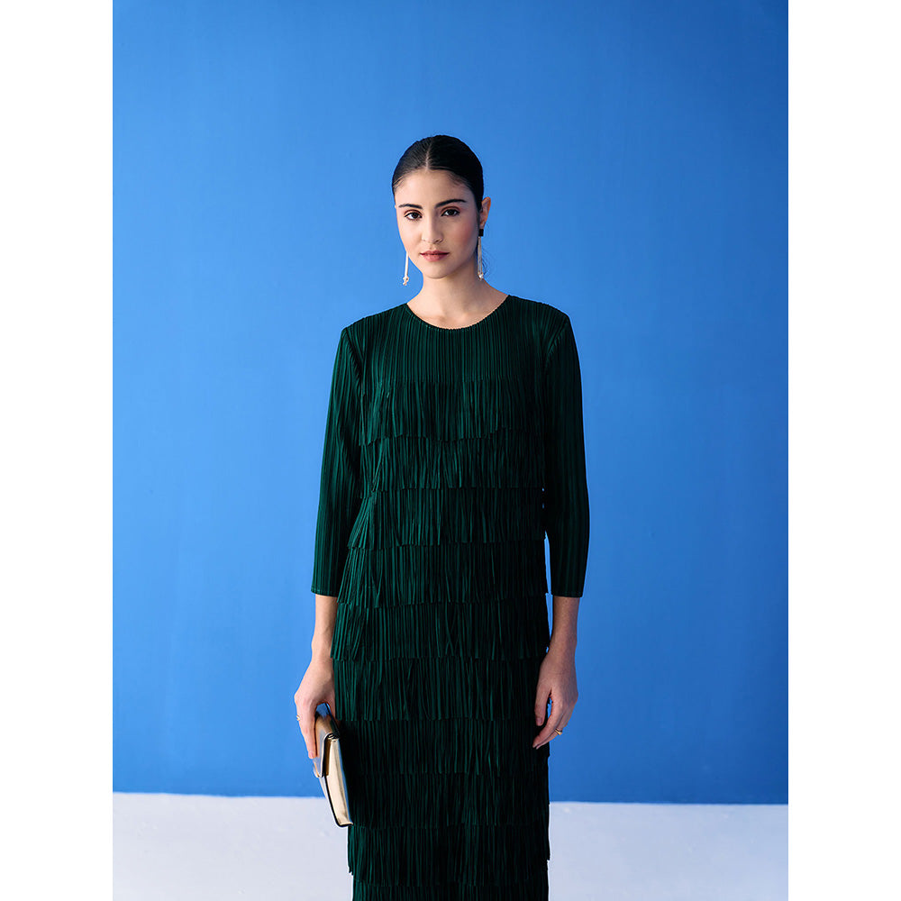 Pleats by Aruni Green Three Fourth Sleeves Fringe Dress