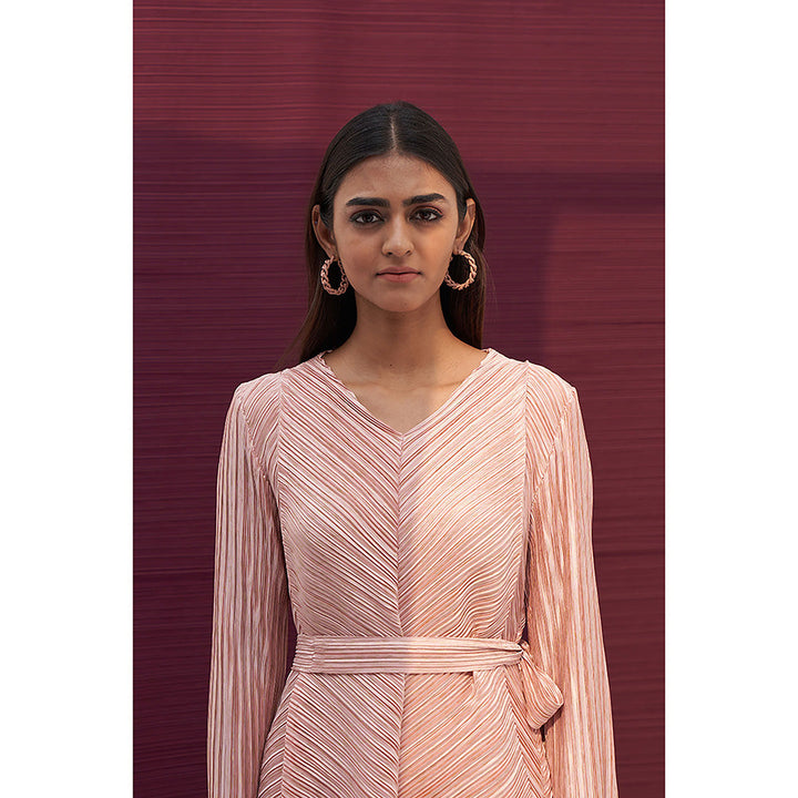 Pleats by Aruni Pink Metallic V Neck Top and Pant with Belt Co-Ord (Set of 3)