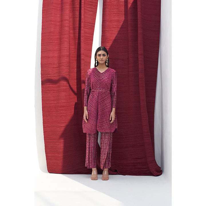 Pleats by Aruni Red Metallic Long V Neck Top and Pant with Belt Co-Ord (Set of 3)