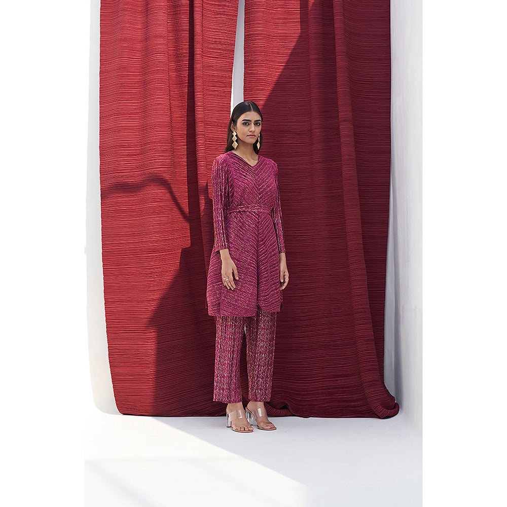 Pleats by Aruni Red Metallic Long V Neck Top and Pant with Belt Co-Ord (Set of 3)