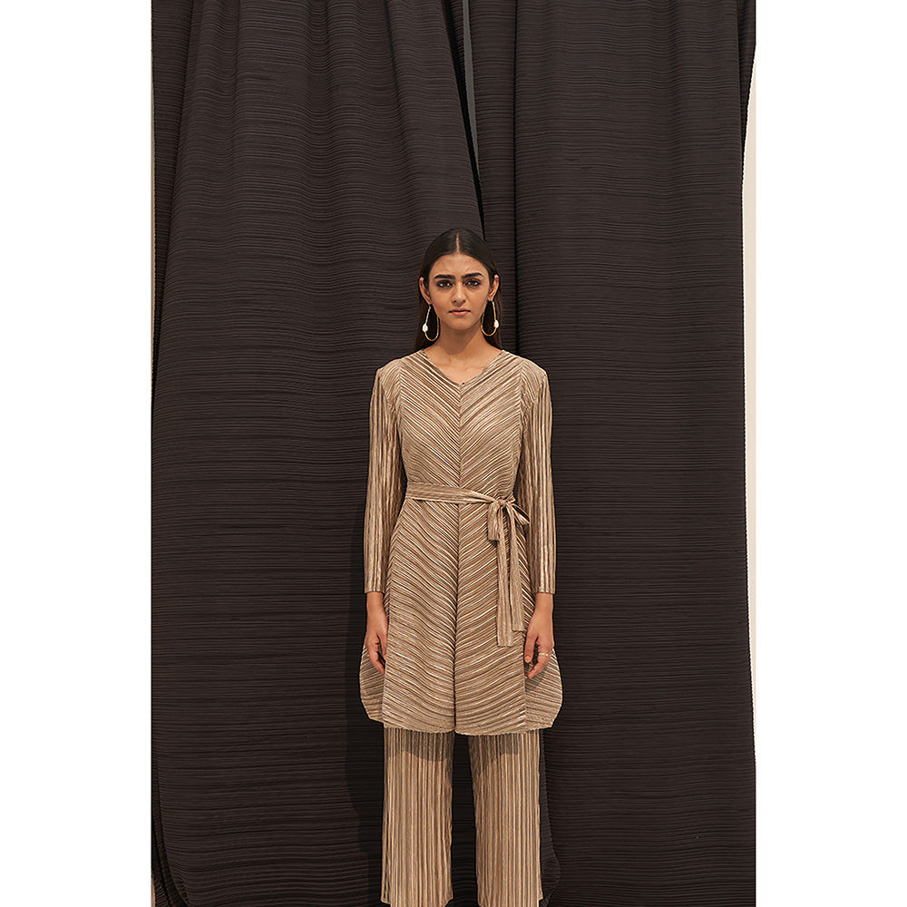 Pleats by Aruni Gold Metallic Long V Neck Top and Pant with Belt Co-Ord (Set of 3)