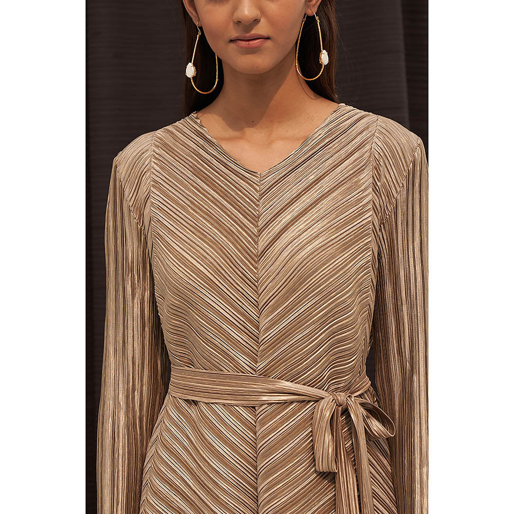 Pleats by Aruni Gold Metallic Long V Neck Top and Pant with Belt Co-Ord (Set of 3)