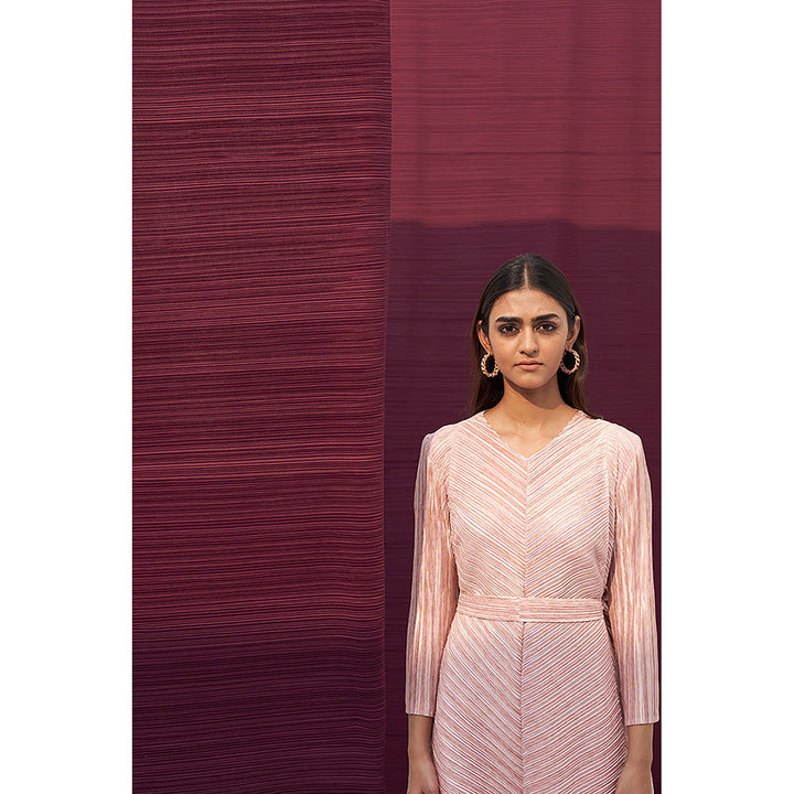 Pleats by Aruni Pink Metallic Long V Neck Top and Pant with Belt Co-Ord (Set of 3)