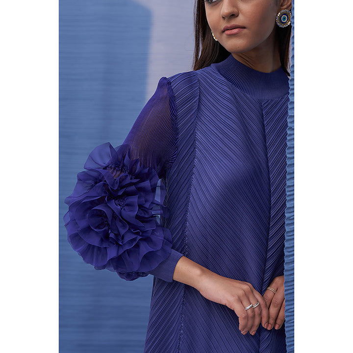 Pleats by Aruni Blue Flower Sleeves Pleated Dress