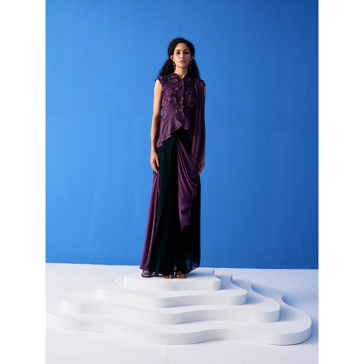 Pleats by Aruni Black And Purple Saree with Stitched Blouse