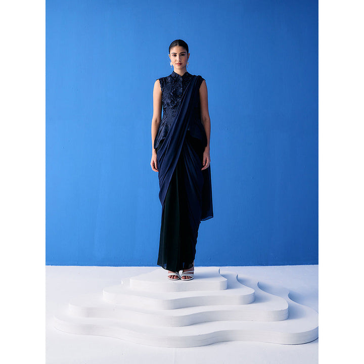 Pleats by Aruni Black And Blue Saree with Stitched Blouse