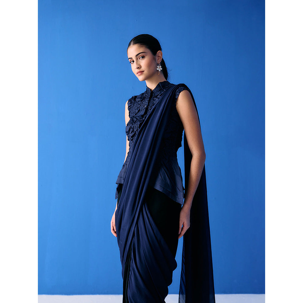 Pleats by Aruni Black And Blue Saree with Stitched Blouse