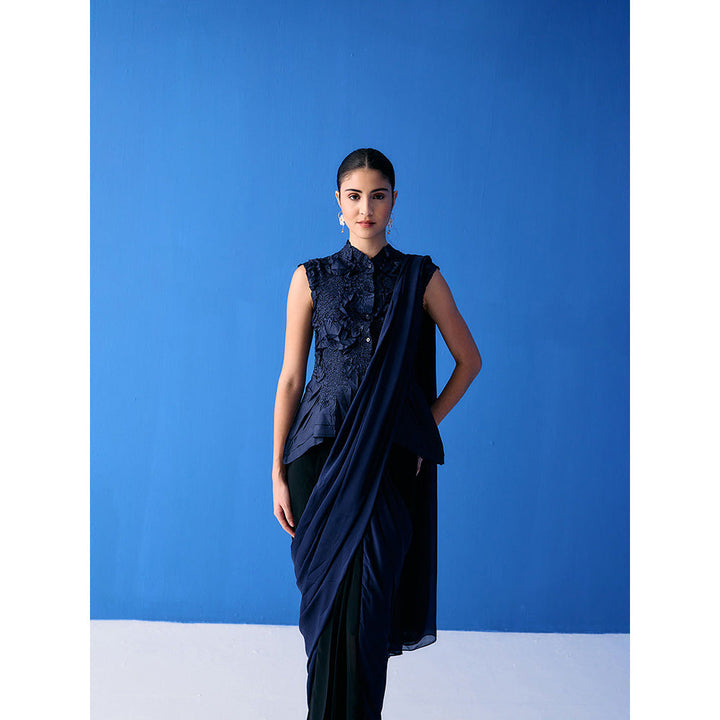 Pleats by Aruni Black And Blue Saree with Stitched Blouse