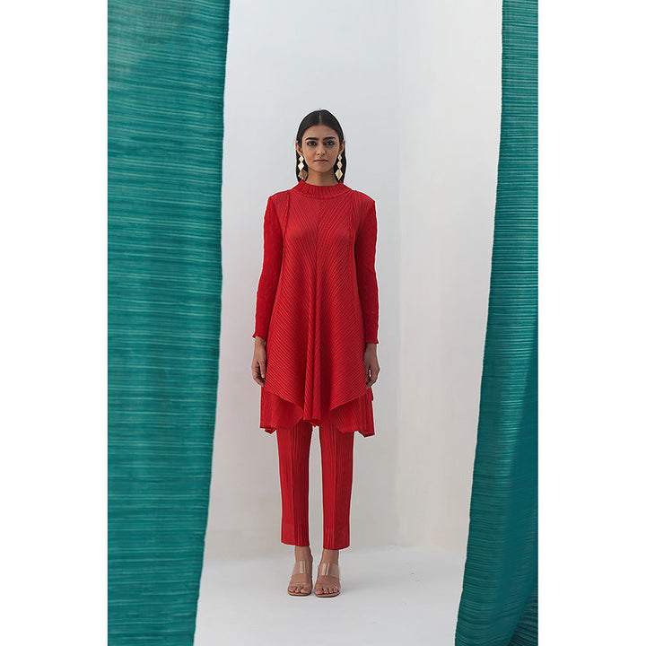 Pleats by Aruni Red Crushed Sleeves Kurti and Pant (Set of 2)