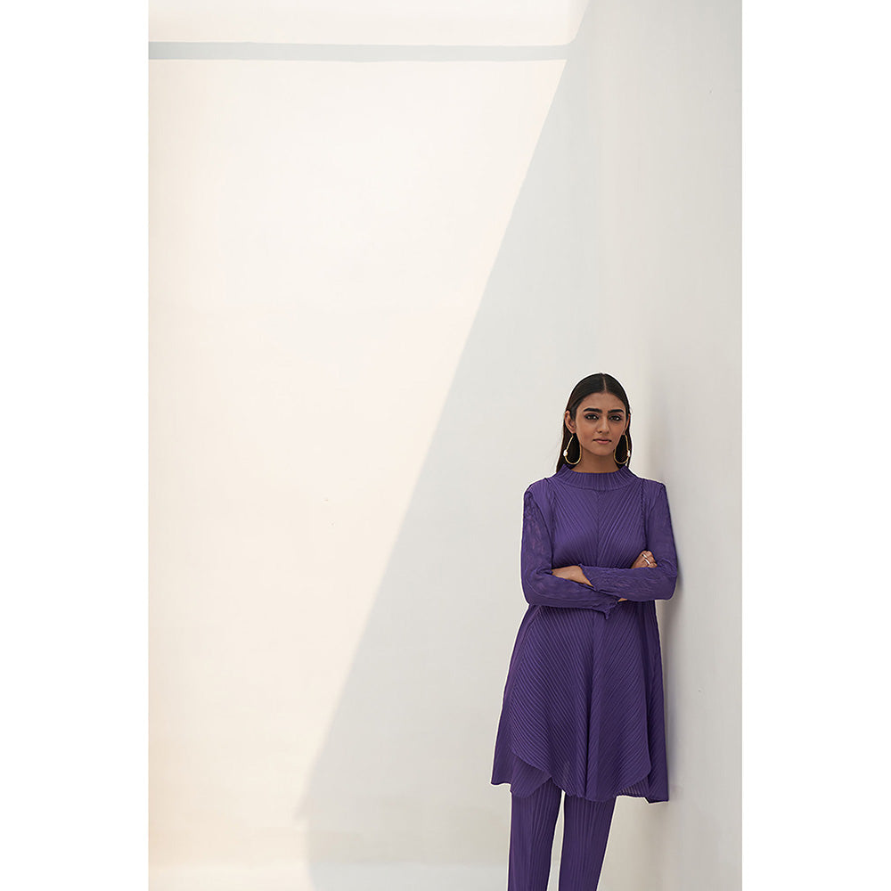 Pleats by Aruni Purple Crushed Sleeves Kurti and Pant (Set of 2)