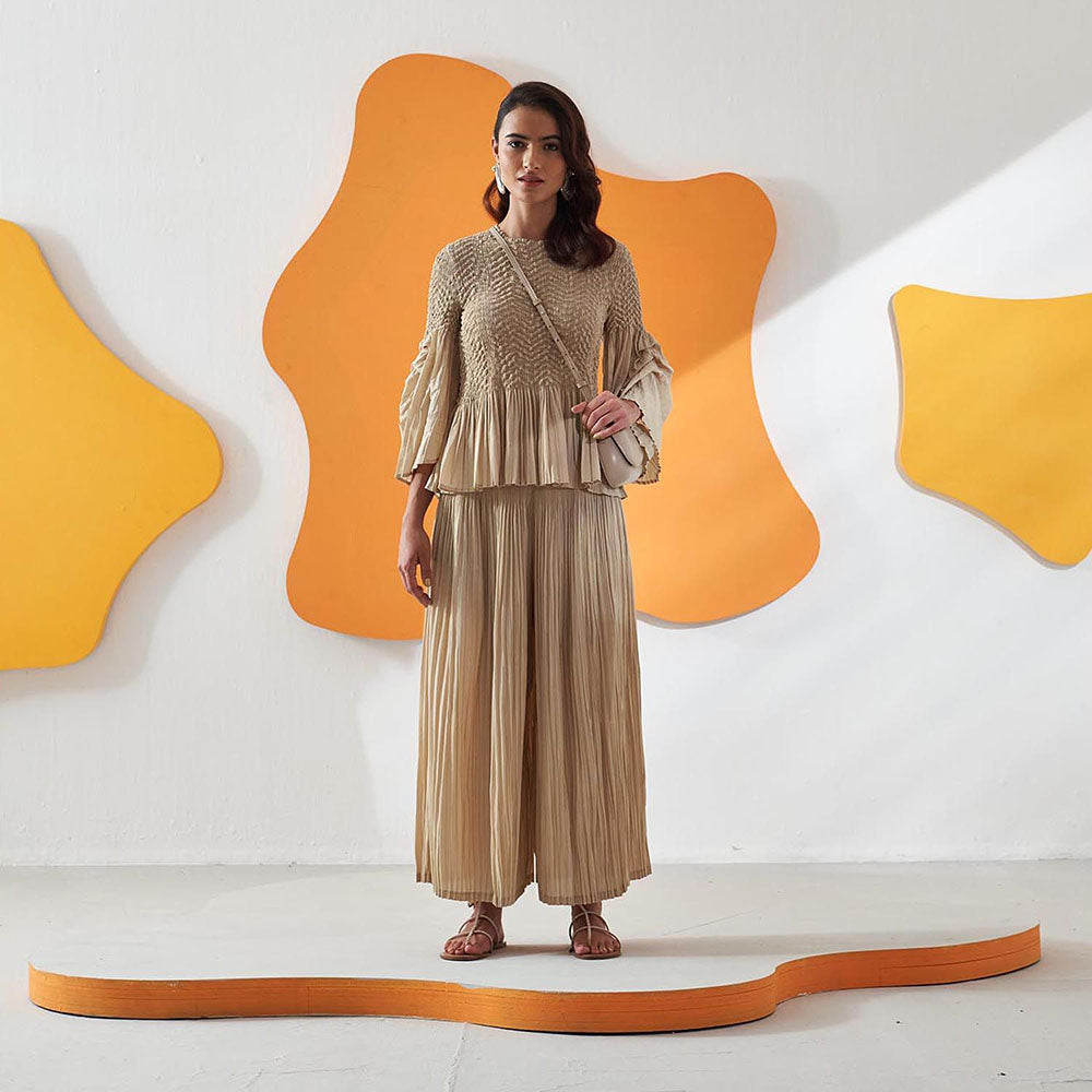 Pleats by Aruni Beige Weavey Co-Ord (Set of 2)