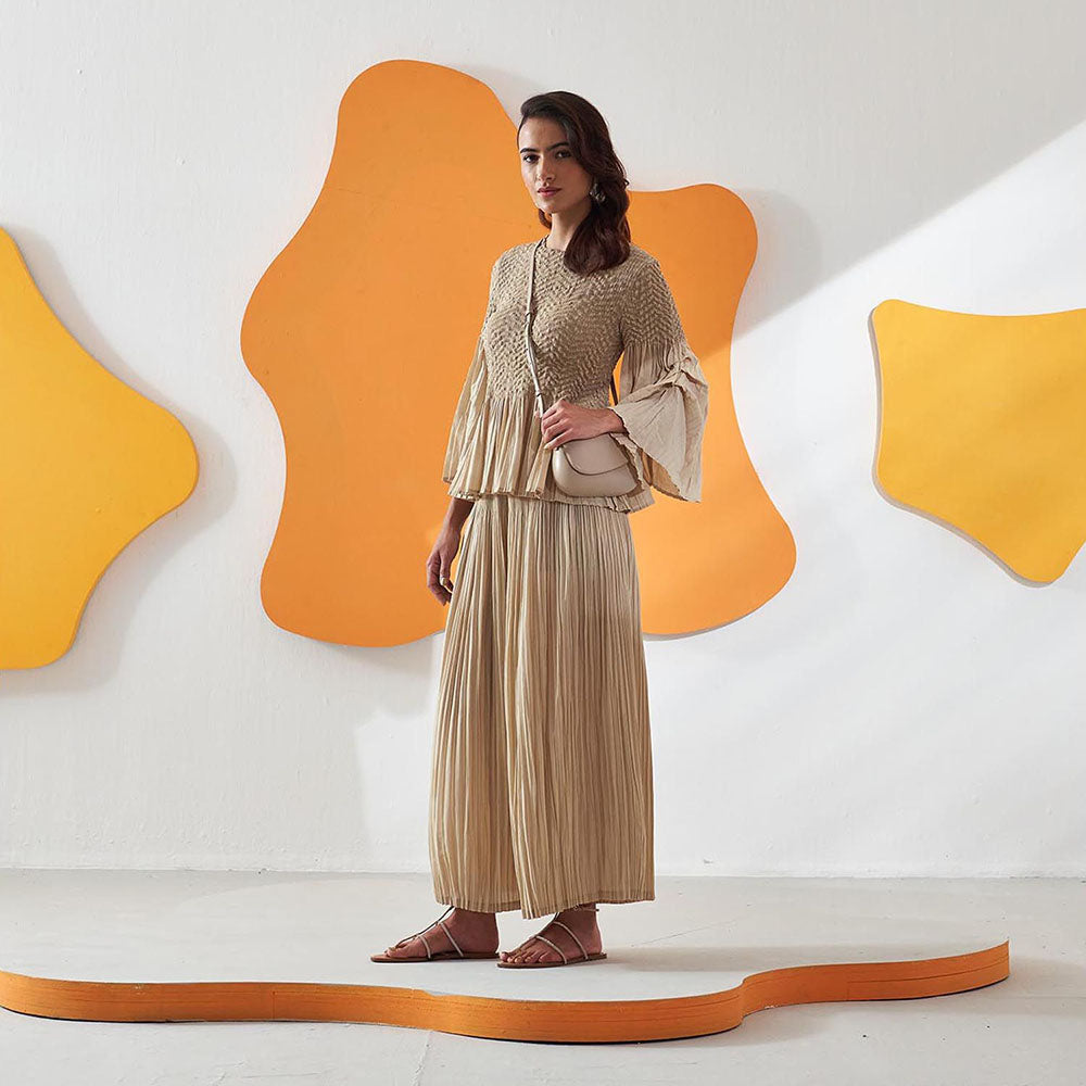 Pleats by Aruni Beige Weavey Co-Ord (Set of 2)