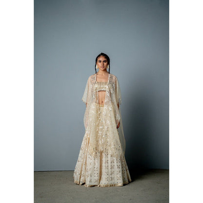 POOJA RAJGARHIA GUPTA Ivory Gold Mosaic Lehenga (Set of 3)