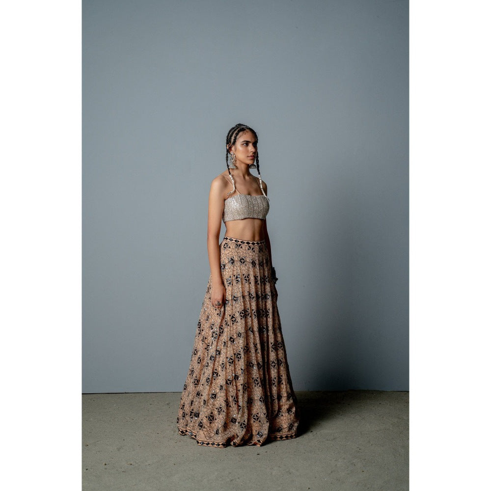 POOJA RAJGARHIA GUPTA Nude Mosaic Lehenga with Blouse and Cape (Set of 3)