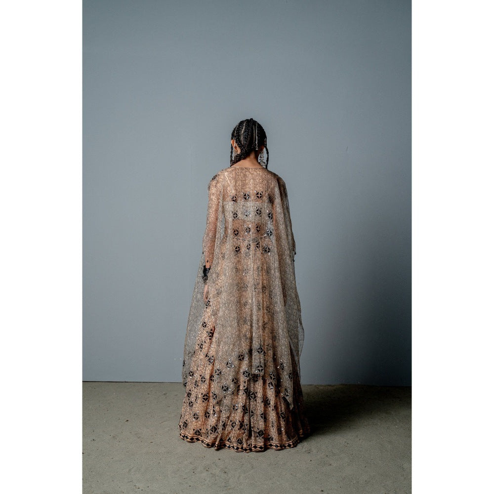 POOJA RAJGARHIA GUPTA Nude Mosaic Lehenga with Blouse and Cape (Set of 3)
