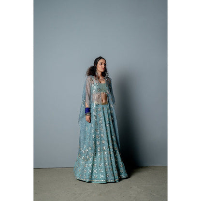 POOJA RAJGARHIA GUPTA Aqua Mosaic Lehenga with Blouse and Cape (Set of 3)