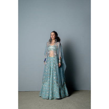 POOJA RAJGARHIA GUPTA Aqua Mosaic Lehenga with Blouse and Cape (Set of 3)