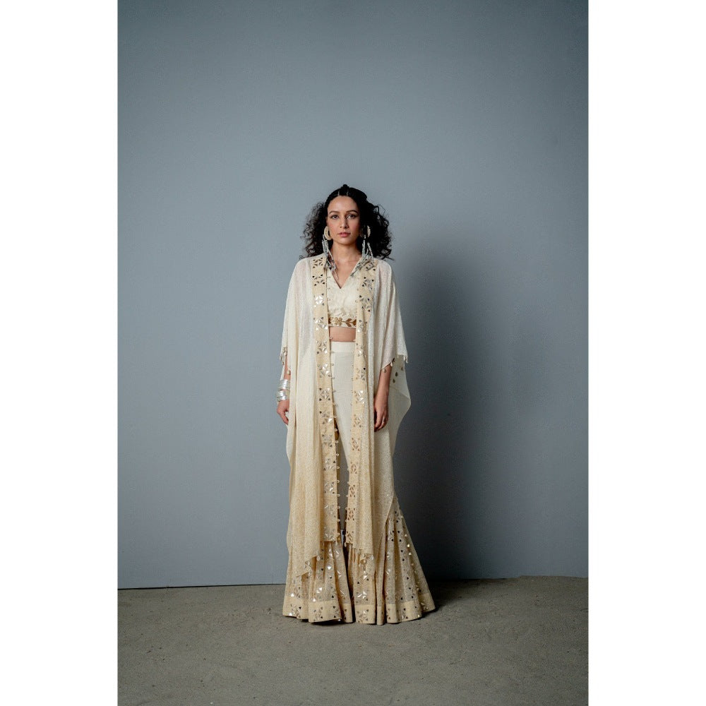 POOJA RAJGARHIA GUPTA Ivory Gold Mosaic Sharara with Top and Cape (Set of 3)