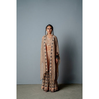 POOJA RAJGARHIA GUPTA Nude Mosaic Sharara with Top and Cape (Set of 3)