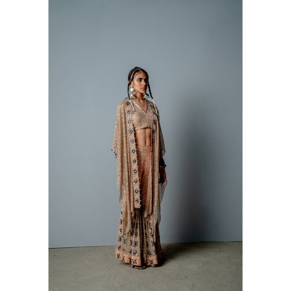 POOJA RAJGARHIA GUPTA Nude Mosaic Sharara with Top and Cape (Set of 3)