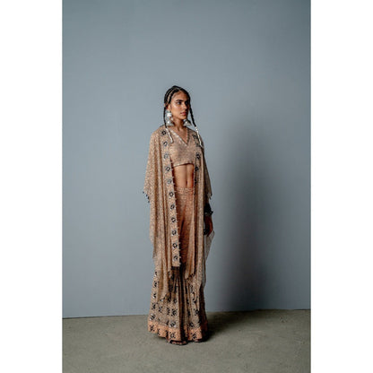 POOJA RAJGARHIA GUPTA Nude Mosaic Sharara with Top and Cape (Set of 3)