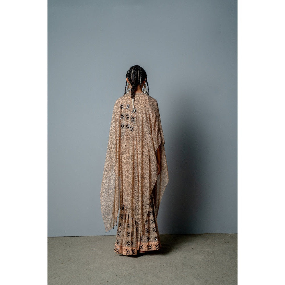 POOJA RAJGARHIA GUPTA Nude Mosaic Sharara with Top and Cape (Set of 3)