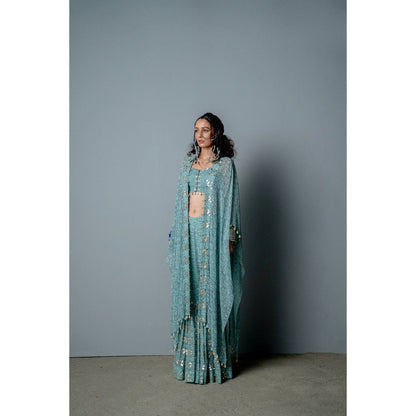POOJA RAJGARHIA GUPTA Aqua Mosaic Sharara with Top and Cape (Set of 3)