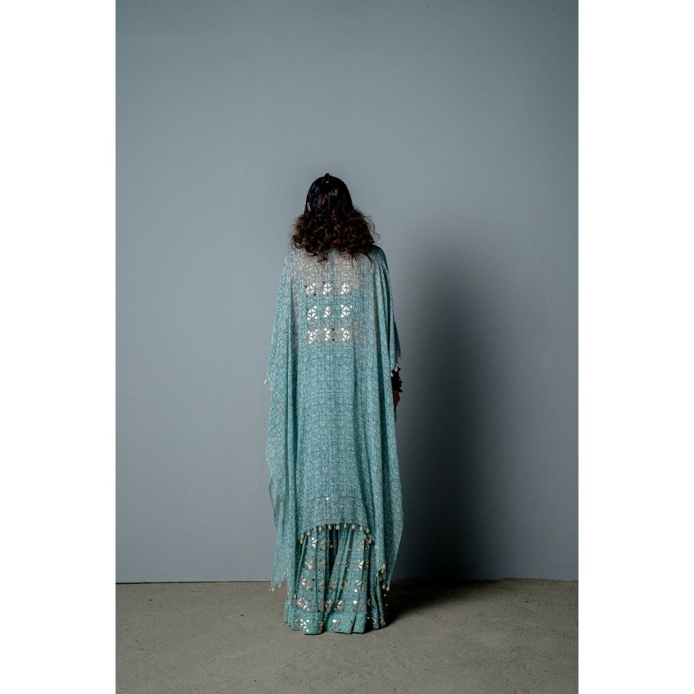 POOJA RAJGARHIA GUPTA Aqua Mosaic Sharara with Top and Cape (Set of 3)